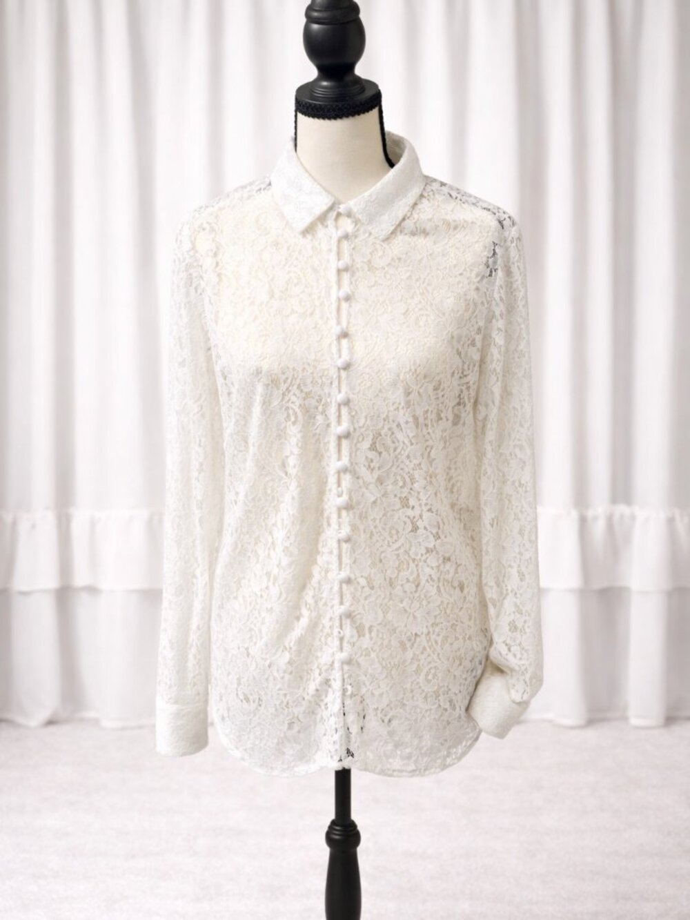 Elegant White Lace Button-Up Blouse